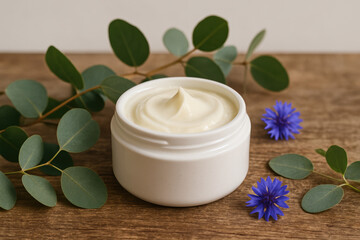 Moisturizing cream in white jar with eucalyptus branches and blue cornflowers on wooden table, natural skincare concept