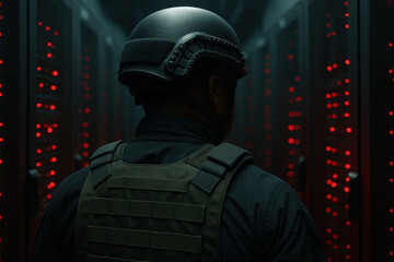 Cybersecurity specialist in tactical gear inspects dimly lit server room with red indicator lights for data protection and safety