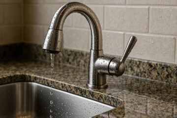 Dripping kitchen faucet with granite countertop and tiled backsplash