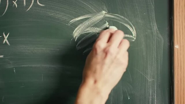 Time-lapse video showing a hand erasing mathematical equations from a green chalkboard