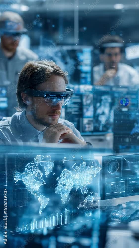 Poster software engineer wearing augmented reality glasses analyzing holographic world map with data, worki