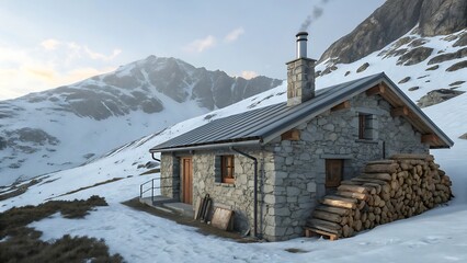 Stone Cabin in Snowy Mountains with Woodpile and Smoking Chimney