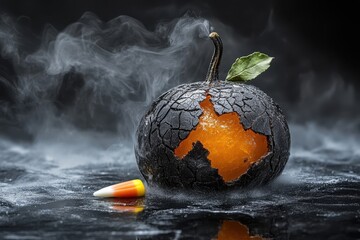 Cracked Pumpkin with Smoky Background and Candy Decoration