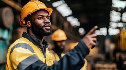 Construction Worker Directing Activity in Industrial Warehouse Environment