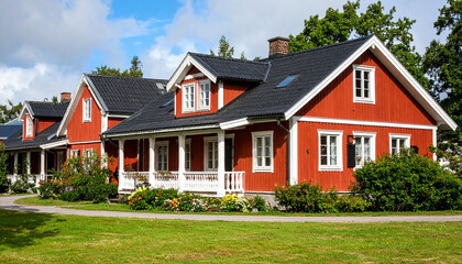 Obraz premium Modern red tiny house with black metal roof surrounded by flowers 