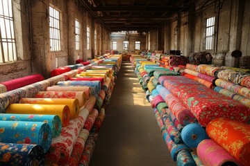 Vibrant Fabric Rolls in Abandoned Warehouse Interior