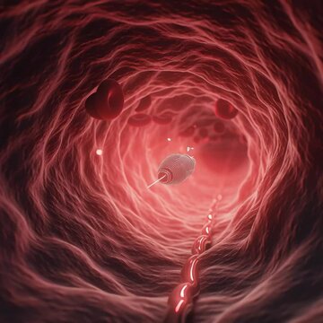 Nanobot traveling through blood vessel interior
