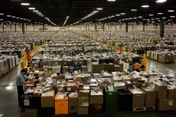 Vast Distribution Center with Workers Organizing Packages and Goods