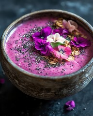 Vibrant Smoothie Bowl Topped with Edible Flowers and Granola