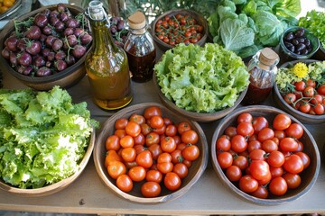 Fresh Organic Produce Display with Colorful Vegetables and Oils