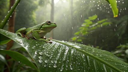 Green Tree Frog Resting on a Leaf in the Rain Forest