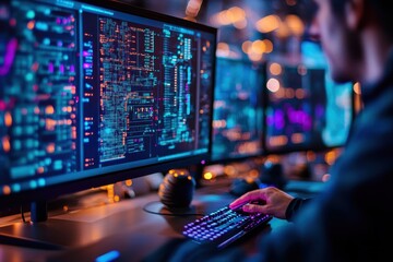 Futuristic Programmer Analyzing Data on High-Tech Monitors