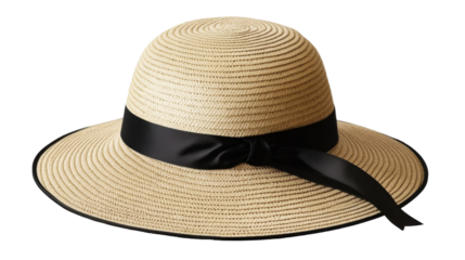 wide brim straw hat featuring black ribbon on white background