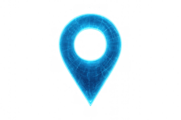 Glowing blue location pin icon highlighting digital navigation and mapping against transparent backdrop