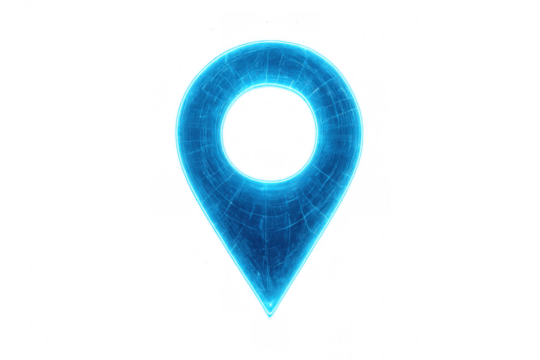 Glowing blue location pin icon highlighting digital navigation and mapping against transparent backdrop - Powered by Adobe