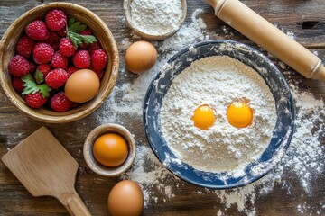 Fresh Ingredients for Baking with Eggs, Flour, and Raspberries
