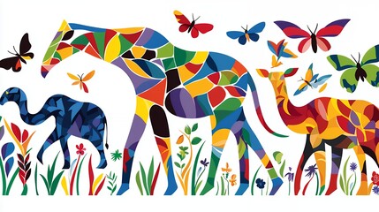 Obraz premium Colorful Mosaic Animals in a Vibrant Floral Setting