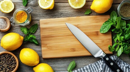 Fresh Ingredients with Knife and Cutting Board on Wooden Surface