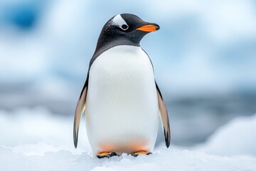 Gentoo Penguin Standing on Ice with Soft Blue Background in Antarctica