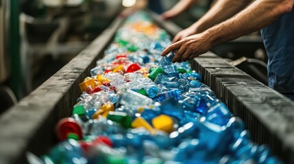 Recycling Process with Hands Sorting Plastic Bottles on Conveyor Belt