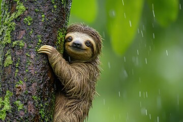 Playful Sloth Climbing Tree in Vibrant Rainforest Environment