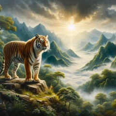 A painting of beautiful tiger on a background of lush green hills and light.
