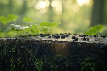 Close-Up of Tree Stump with Leaves and Background Bokeh Effect