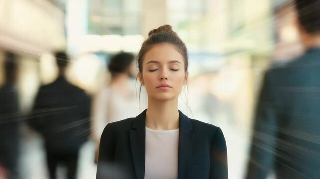 Young woman with closed eyes in calm, peaceful urban street setting, business attire, focus and concentration amid blurred crowd, serene moment of meditation and stress relief in busy city environment
