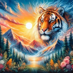 A painting of beautiful tiger on a background of vibrant sunset and mystical landscapes.  