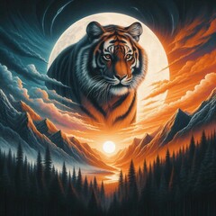 A painting of beautiful tiger on a background of dramatic moonlit mountains and clouds.