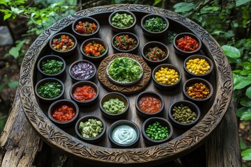 Fresh Colorful Ingredients in Traditional Bowl Arrangement Display