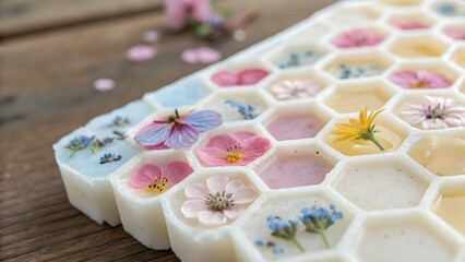 Pastel aesthetic meets nature—flower petals suspended in honeycomb wax, creating a dreamy, artisanal look perfect for eco-conscious beauty ads.