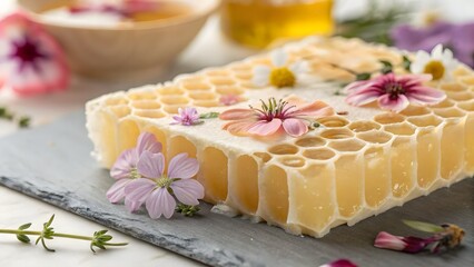Pastel aesthetic meets nature—flower petals suspended in honeycomb wax, creating a dreamy, artisanal look perfect for eco-conscious beauty ads.
