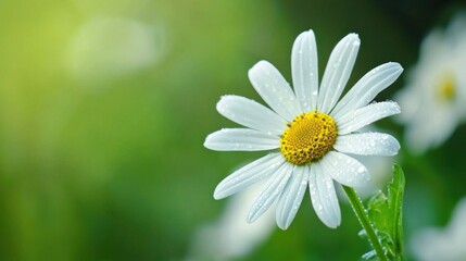 Obraz premium A white daisy with water droplets on its petals, set against a blurred green background.