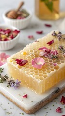 Pastel aesthetic meets nature—flower petals suspended in honeycomb wax, creating a dreamy, artisanal look perfect for eco-conscious beauty ads.
