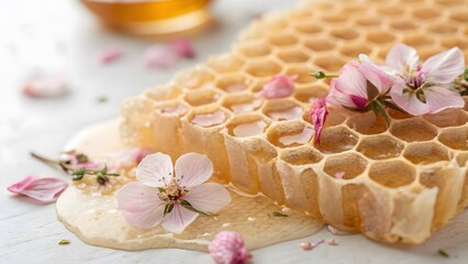 Pastel aesthetic meets nature—flower petals suspended in honeycomb wax, creating a dreamy, artisanal look perfect for eco-conscious beauty ads.