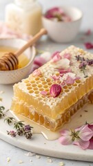 Pastel aesthetic meets nature—flower petals suspended in honeycomb wax, creating a dreamy, artisanal look perfect for eco-conscious beauty ads.