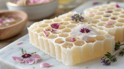 Pastel aesthetic meets nature—flower petals suspended in honeycomb wax, creating a dreamy, artisanal look perfect for eco-conscious beauty ads.