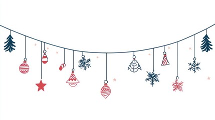 Festive garland of line-art ornaments, snowflakes, and mini trees on a white background
