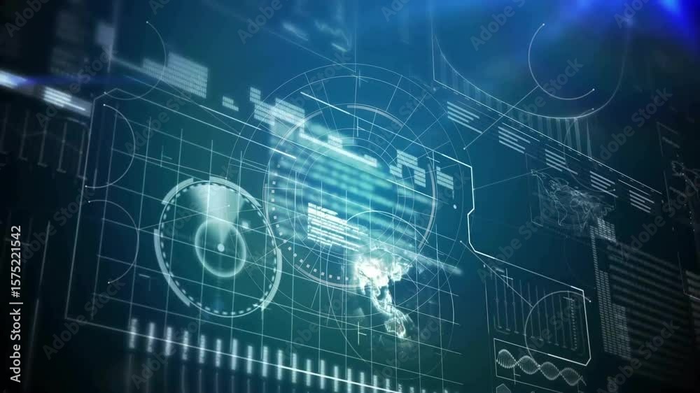 Poster hud graphics fading in triggers bar charts animating and globe pulsing to display data trends