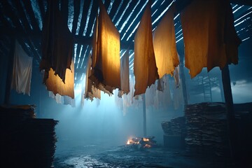 Textile Drying Process Workshop Photography Industrial Setting Low Angle Artistry in Fabric