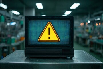 Warning Alert on Vintage Monitor in Industrial Workspace Technology Digital Display Close-Up View