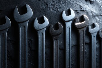 Tools in Action Wrenches Displayed on Dark Surface Industrial Environment Close-Up View