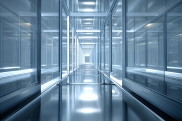 Exploring a Modern Glass Corridor Futuristic Building Digital Art Minimalist Design Perspective View