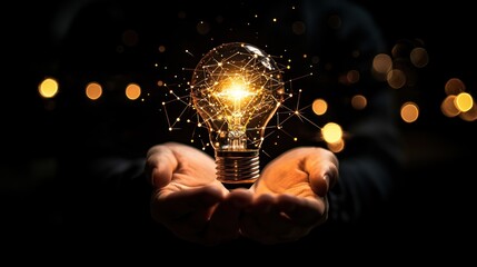 A person's hands holding a glowing light bulb with a network of connections against a dark background.