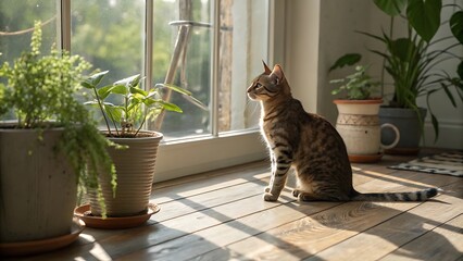 Striped Cat Gazing Out Window with Plants on Wooden Floor