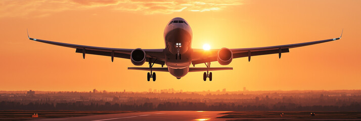 Stunning banner of white passenger airplane is landing in with clouds at golden sunset. Business trip, tourism agency