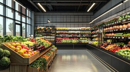 A modern, well-lit grocery store with a variety of fruits and vegetables on display.