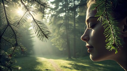 Serene forest retreat vibe—soft light filters through pine needles onto a calm face, evoking tranquility and natural wellness.