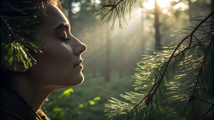 Serene forest retreat vibe—soft light filters through pine needles onto a calm face, evoking tranquility and natural wellness.